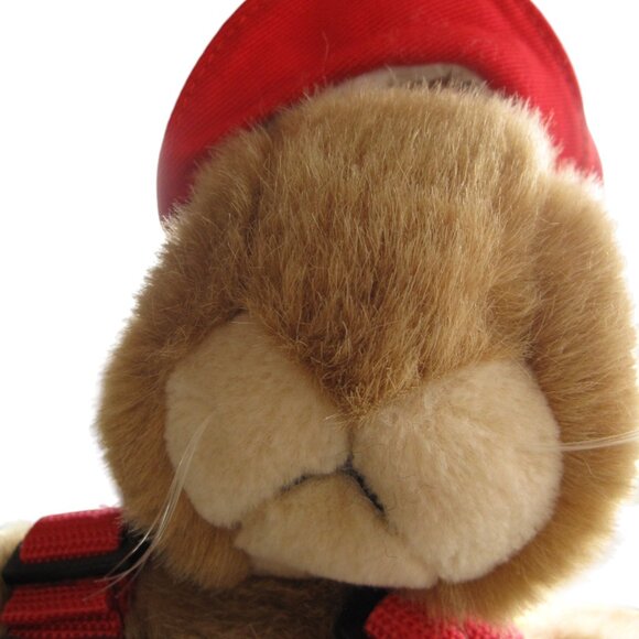 Vintage 1986 Manhattan Toy Plush Brown Bunny Rabbit w Overalls & Red Visor - Picture 3 of 7